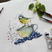 Синица с черникой Вышитая работа "Синица с черникой"